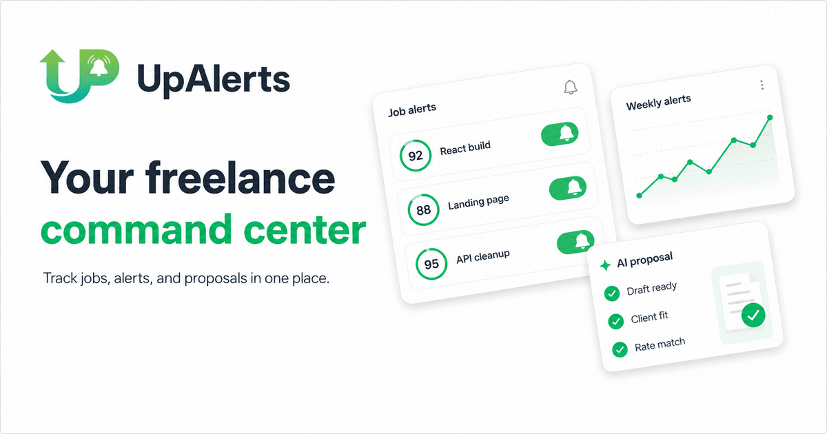 UpAlerts dashboard showing real-time job alerts, proposals, and weekly insights in one place