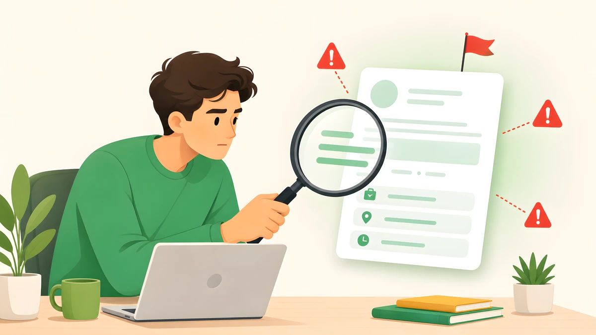 Freelancer inspecting a suspicious Upwork job post with a magnifier as red warning flags appear