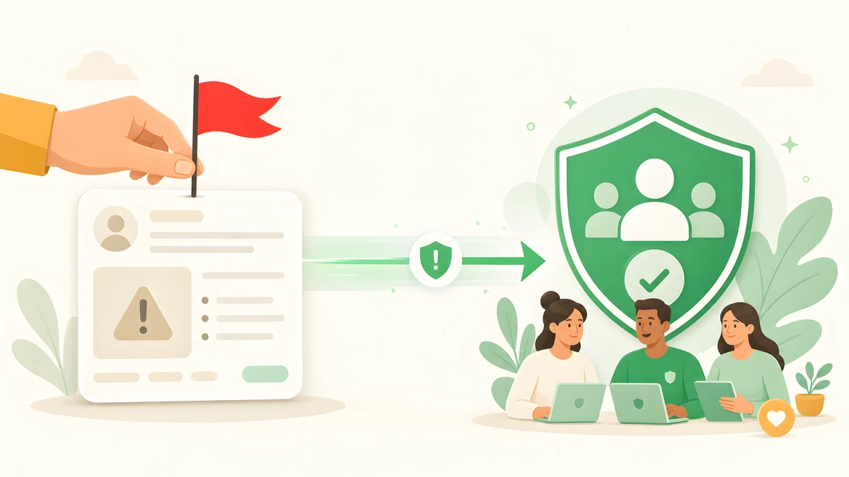 Flagging a fake Upwork job post and routing the report to a green trust and safety shield