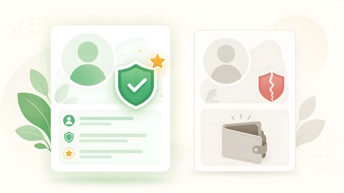 A payment-verified green client profile beside a risky unverified account with zero spend and no hires