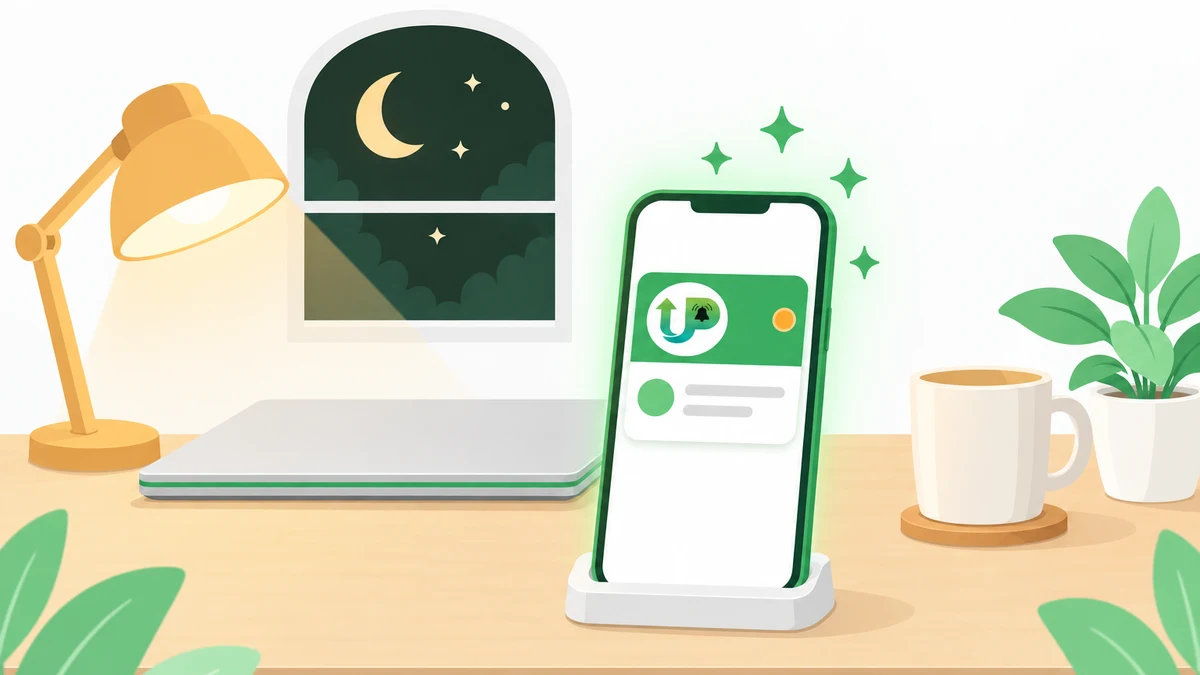 A phone on a desk at night lighting up with a new Upwork job alert while the laptop stays closed