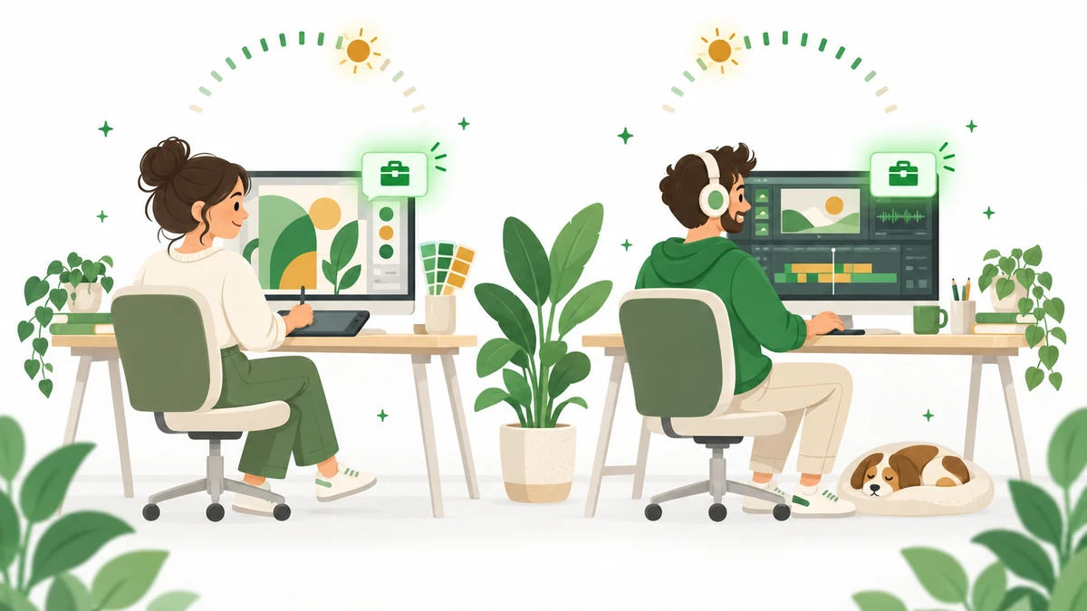 A graphic designer and a video editor at neighboring desks, each getting Upwork job alerts at their own peak hour