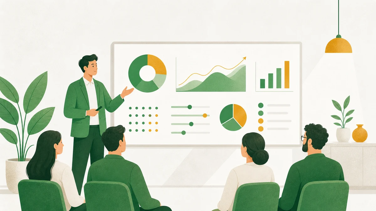 Illustration of a consultant presenting a financial dashboard to a small audience while pointing at rising revenue bars on a wall-mounted screen