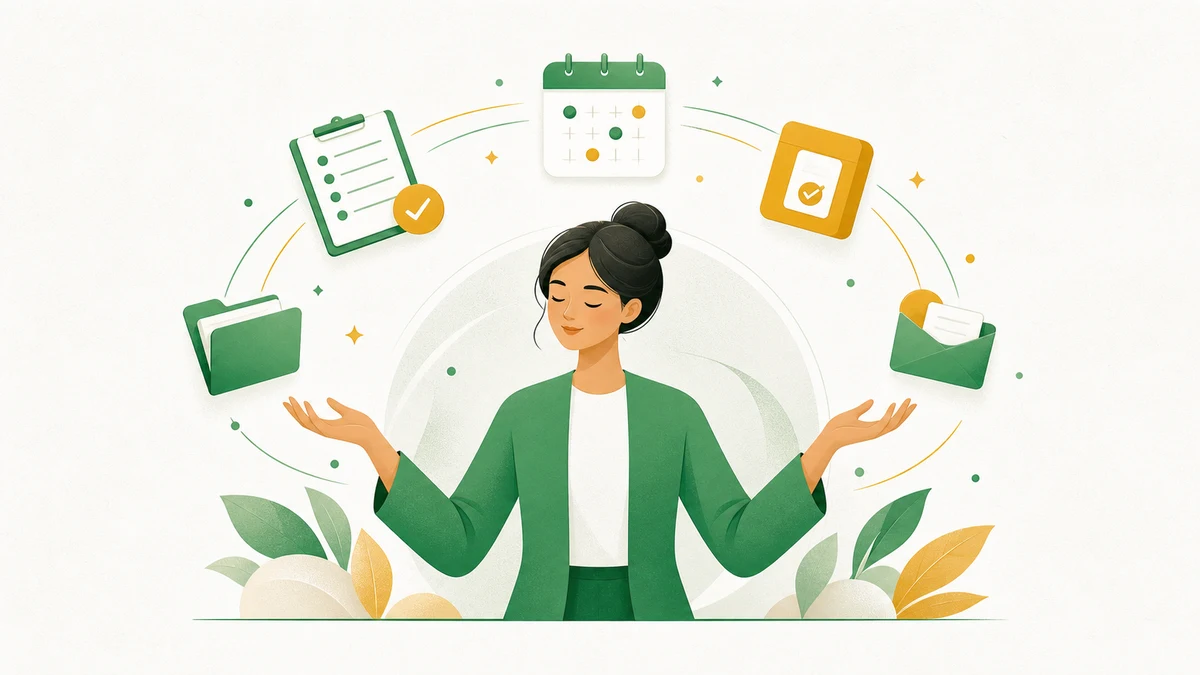 Illustration of a virtual assistant organizing floating task and calendar icons