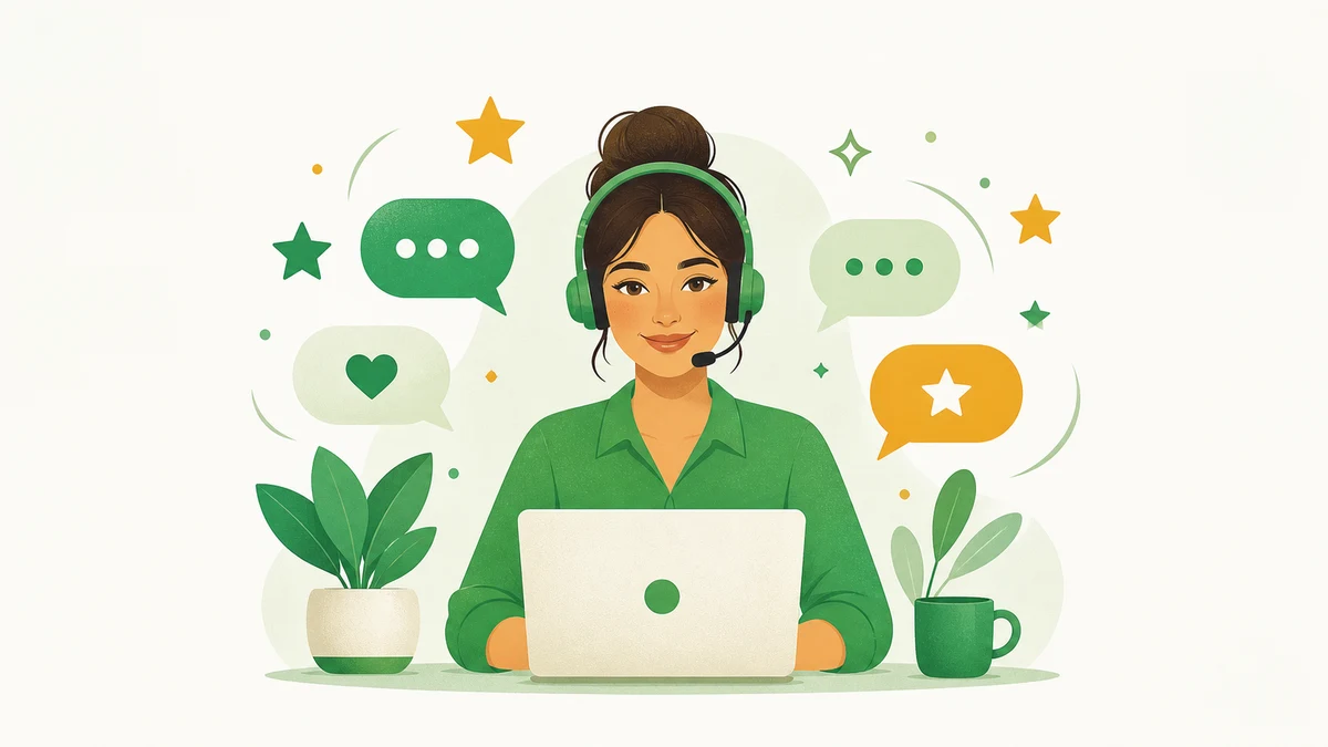 Illustration of a support specialist with a headset among chat-bubble and star icons