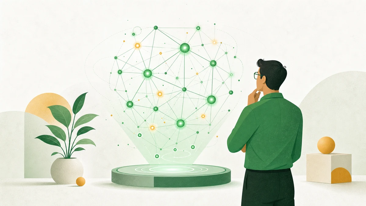 Illustration of a data scientist viewing a holographic model of connected nodes