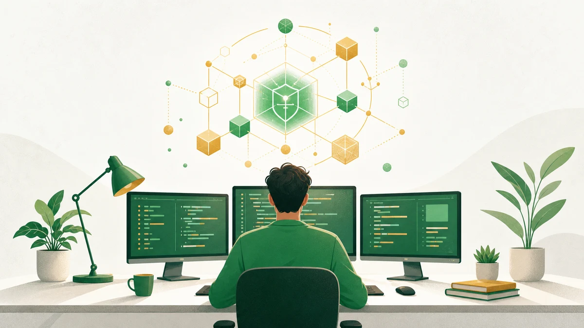 Illustration of a developer beside a glowing smart-contract lattice above multiple monitors
