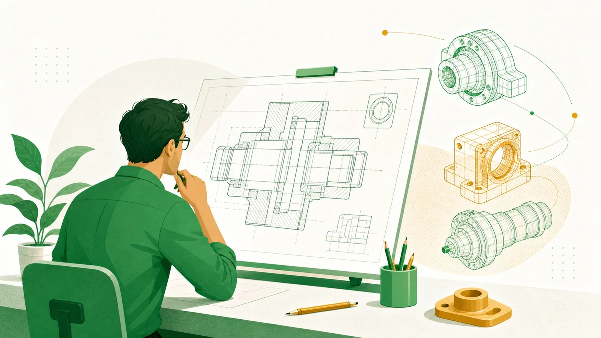 Illustration of an engineer studying a technical drawing with 3D mechanical wireframes