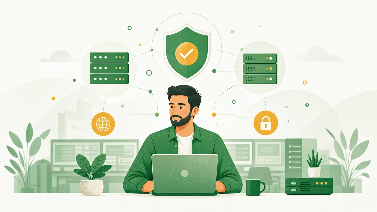 Illustration of a systems engineer in a network operations setting with server and shield icons