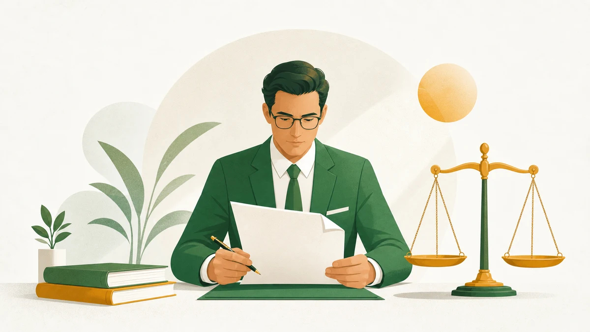 Illustration of a lawyer reviewing a contract beside a scales-of-justice motif