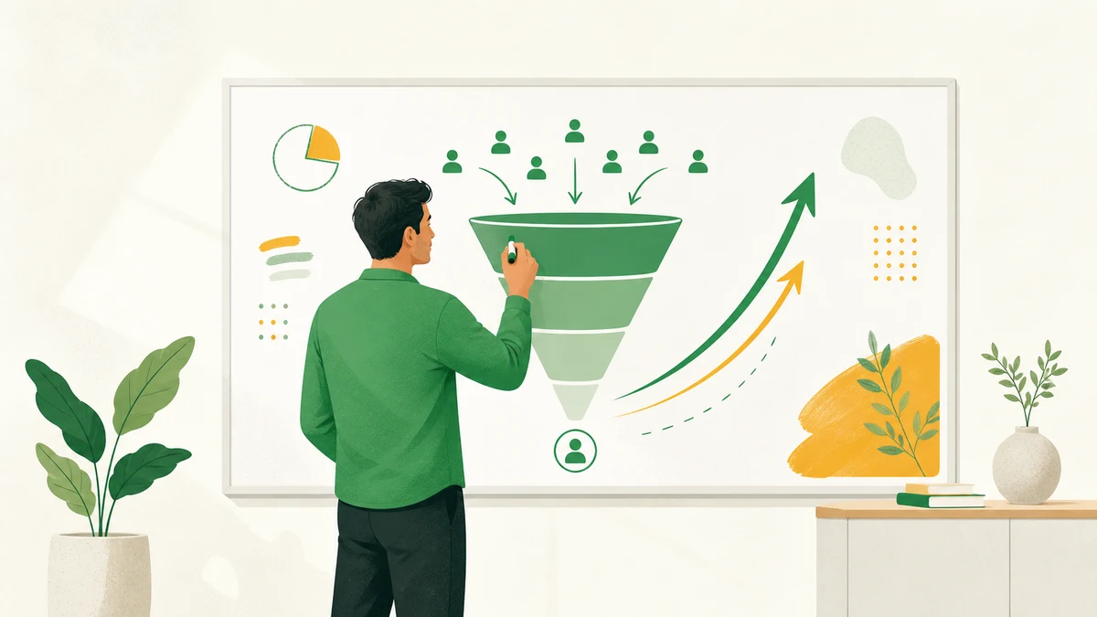 Illustration of a strategist sketching a go-to-market funnel with rising arrows