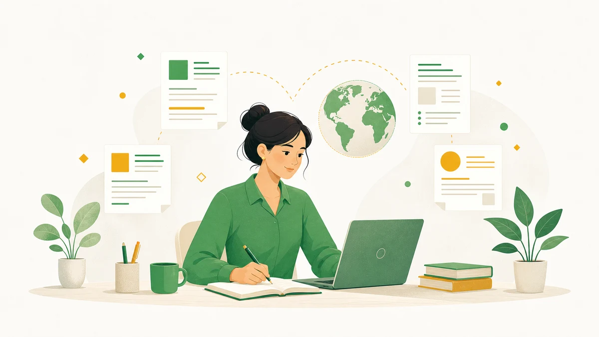 A freelance translator working on Upwork localization and document-translation projects, surrounded by floating multilingual document pages and a globe