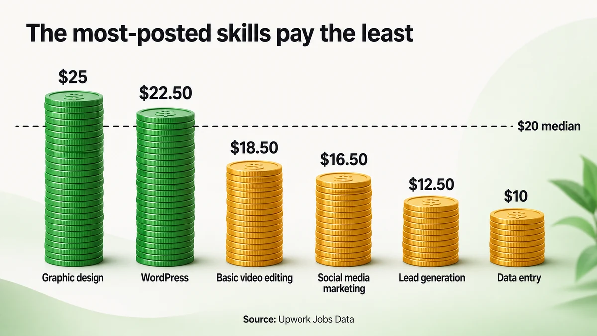 Chart of median hourly rates for common Upwork skills, all near or below the $20 platform median