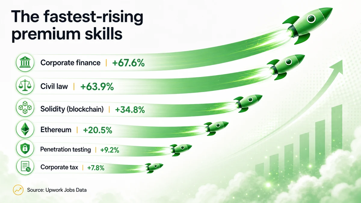 Chart of the fastest-growing high-paying Upwork skills by posting growth, led by corporate finance and blockchain