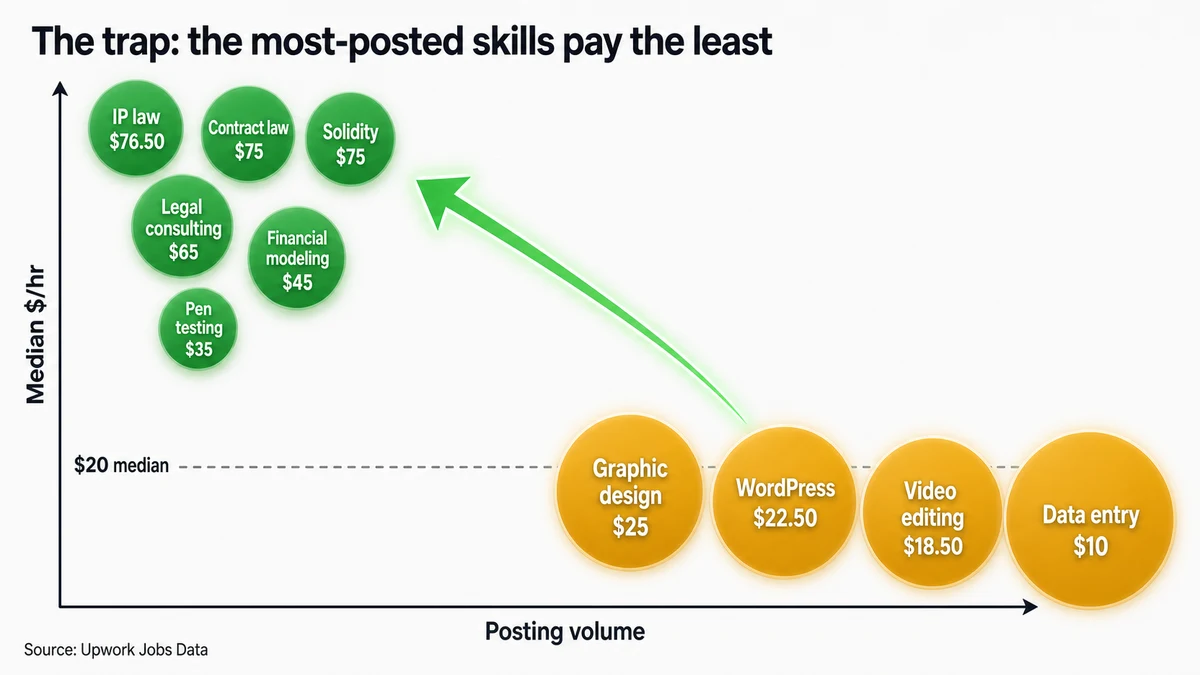 Bubble chart showing high-volume Upwork skills pay low rates while specialist skills pay the most