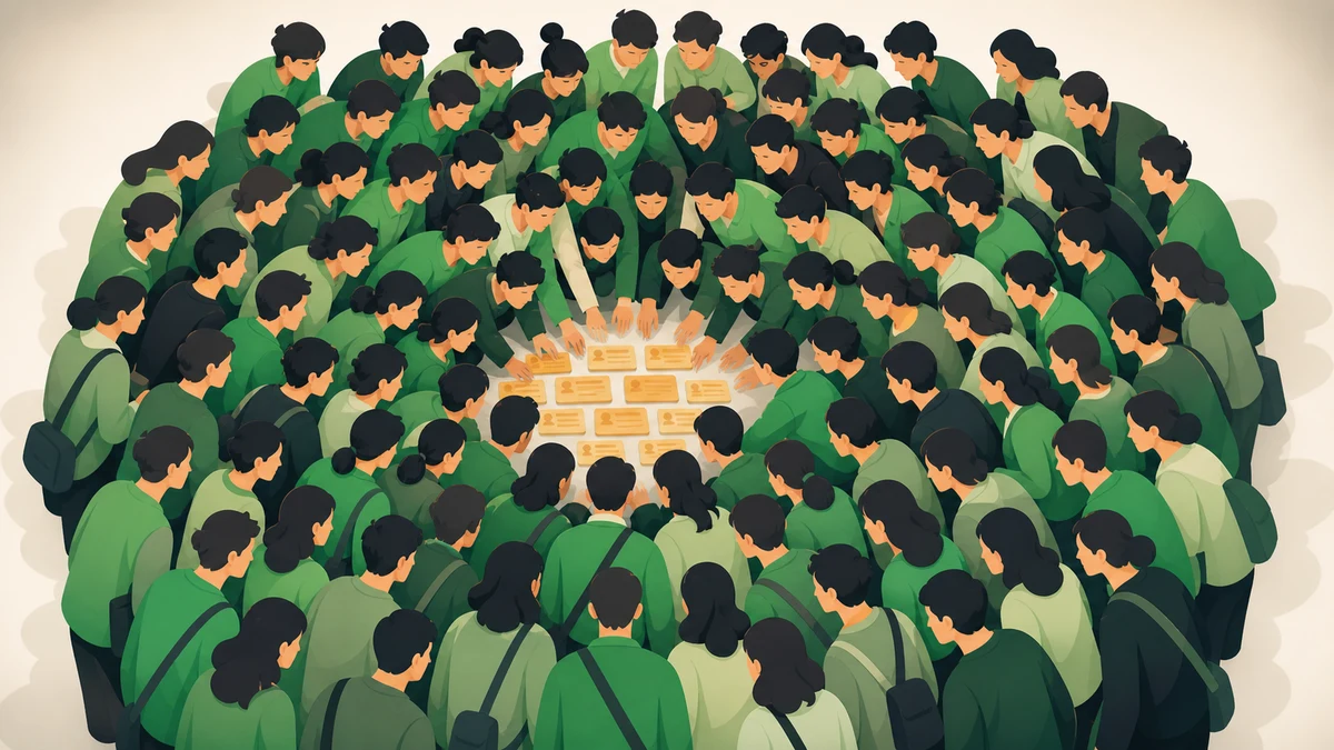 A crowded field of freelancers competing over low-value Upwork job cards, showing why common skills pay little