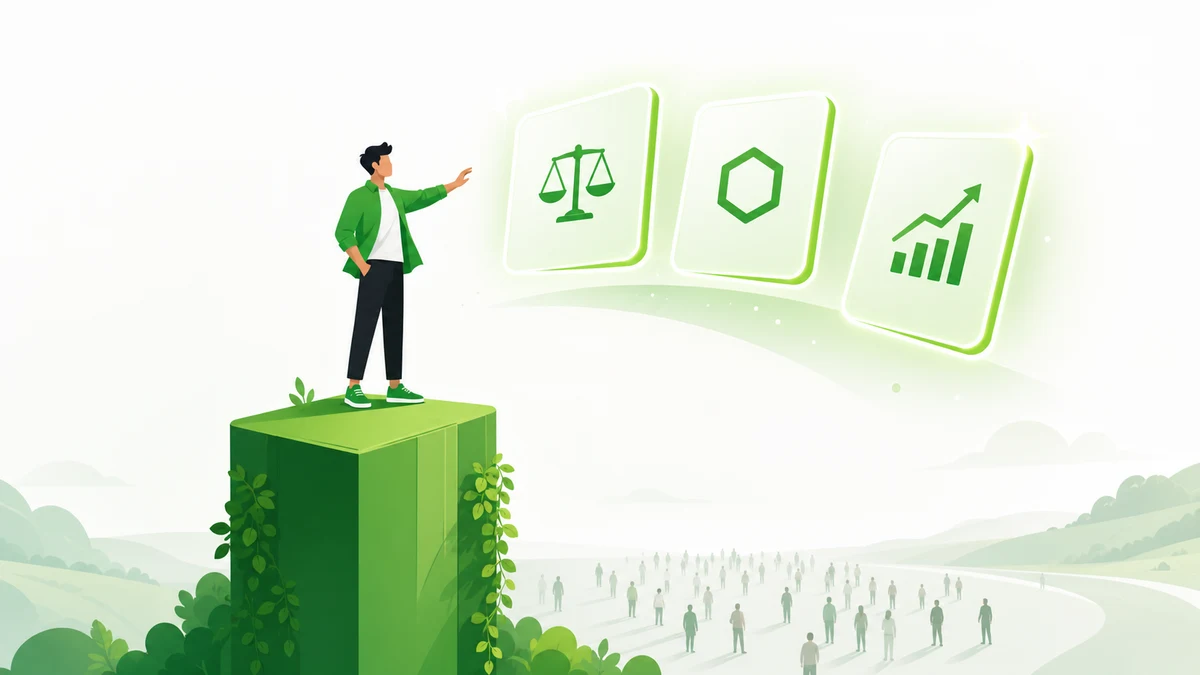A freelancer raised on a green platform beside premium law, blockchain, and finance jobs, representing specialized high-paying Upwork skills