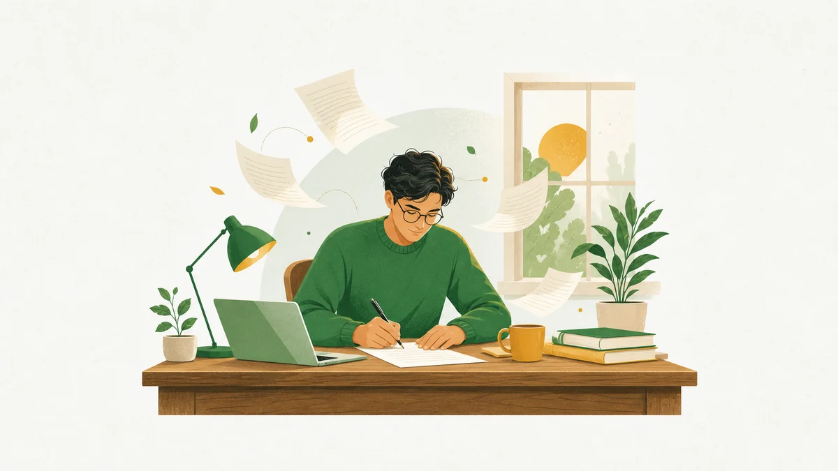Illustration of a writer at a desk by a window with floating manuscript pages