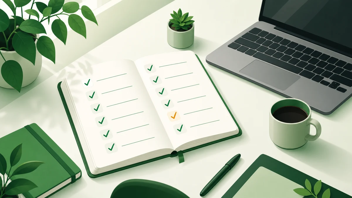 A notebook with a handwritten interview prep checklist next to a laptop and coffee