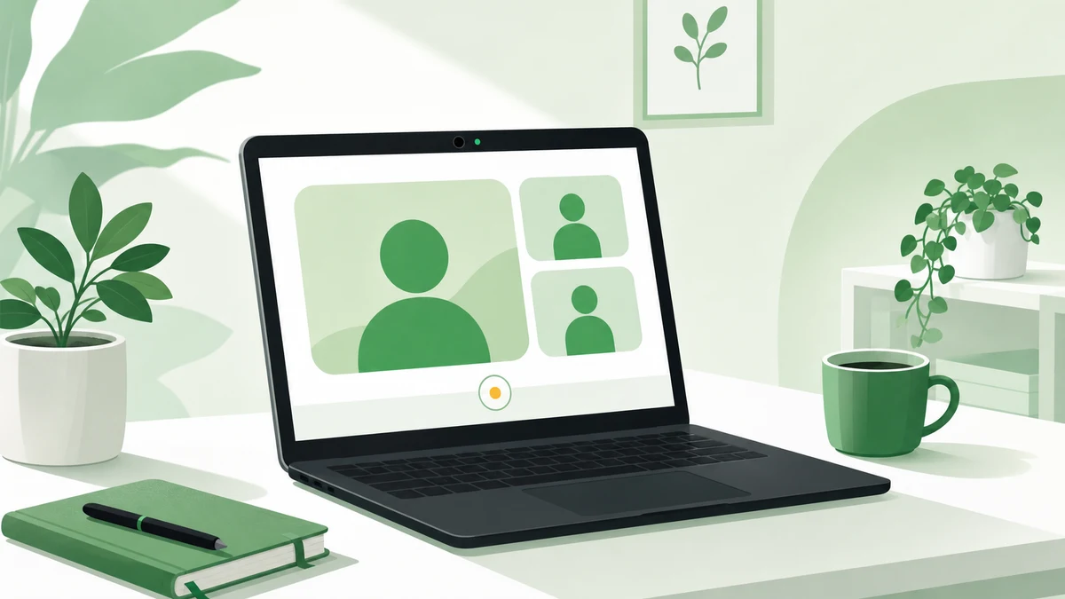 A freelancer at a laptop with the webcam active, about to start a recorded Upwork instant interview