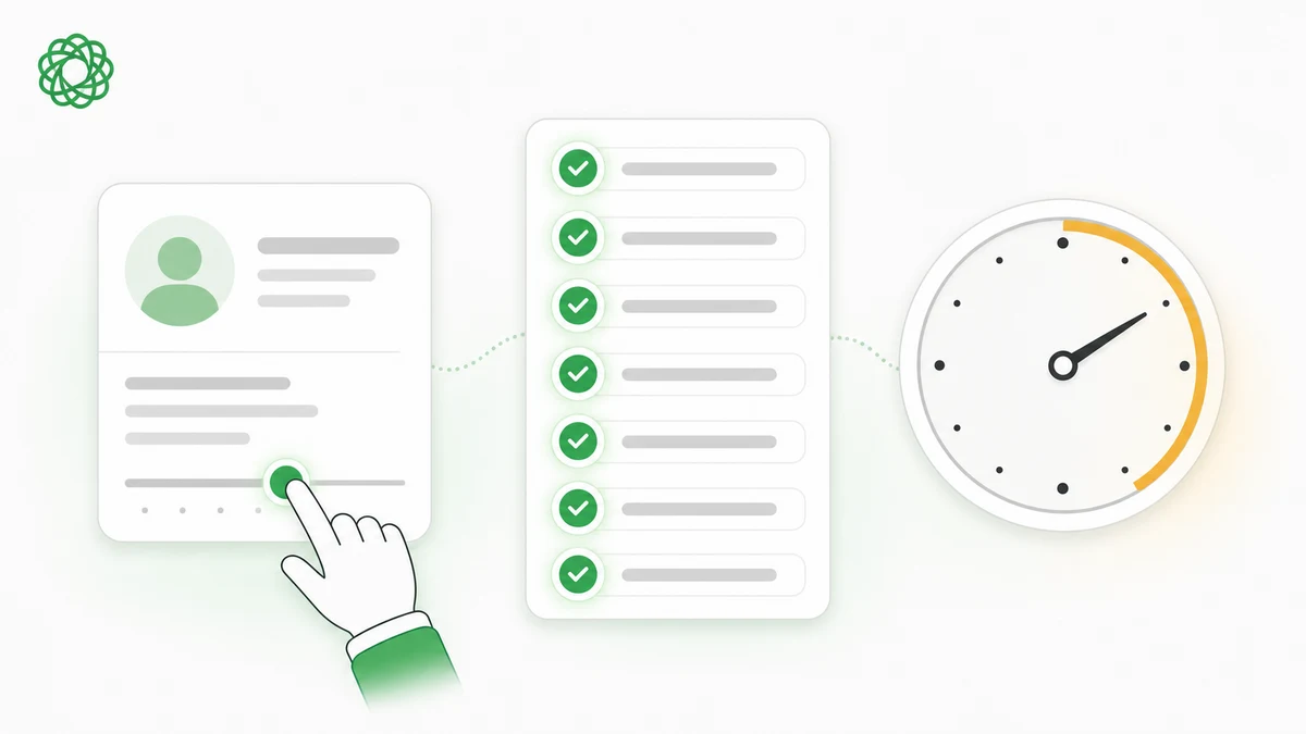 Illustration of a freelancer profile being optimized against a seven-point Uma Recruiter checklist with green checkmarks and a speed clock