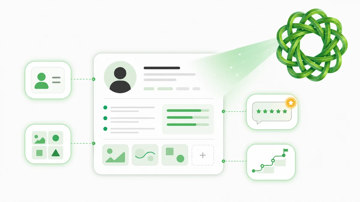 Illustration of an AI scanning a freelancer profile card, highlighting title and skills, recent work, client feedback, and experience as the inputs Uma reads