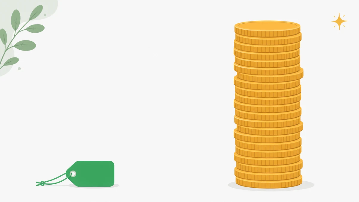 A small green price tag dwarfed by a towering stack of amber coins, the hidden real cost of Upwork Connects