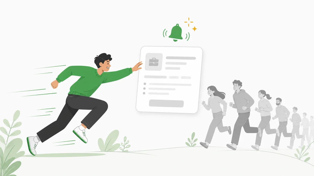 A green freelancer reaching a fresh Upwork job ahead of a gray crowd as an alert pings
