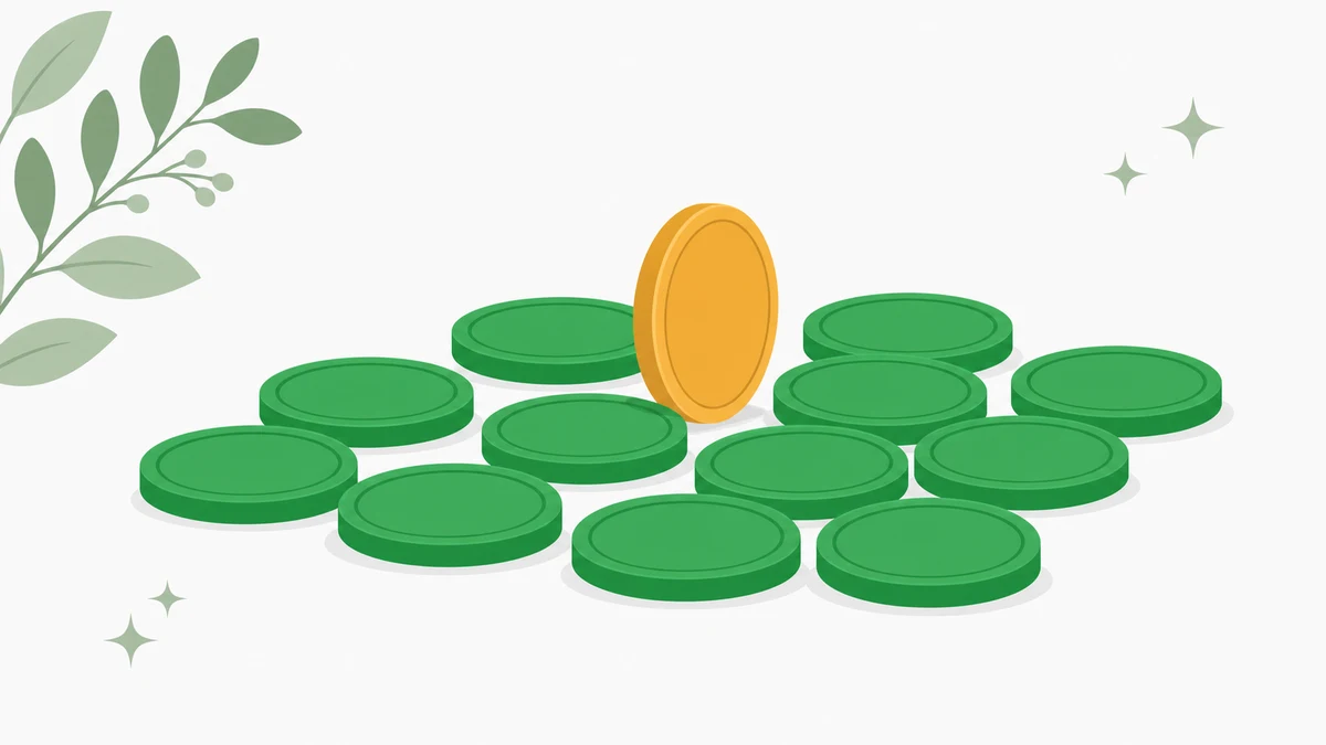 A spill of green Upwork Connect tokens on a dark desk with one amber token standing out