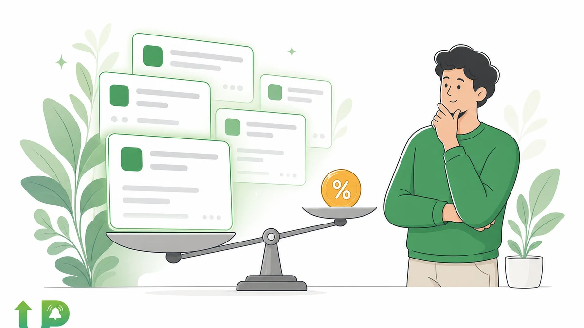 A freelancer weighing a small amber fee coin against a cluster of green Upwork opportunity cards