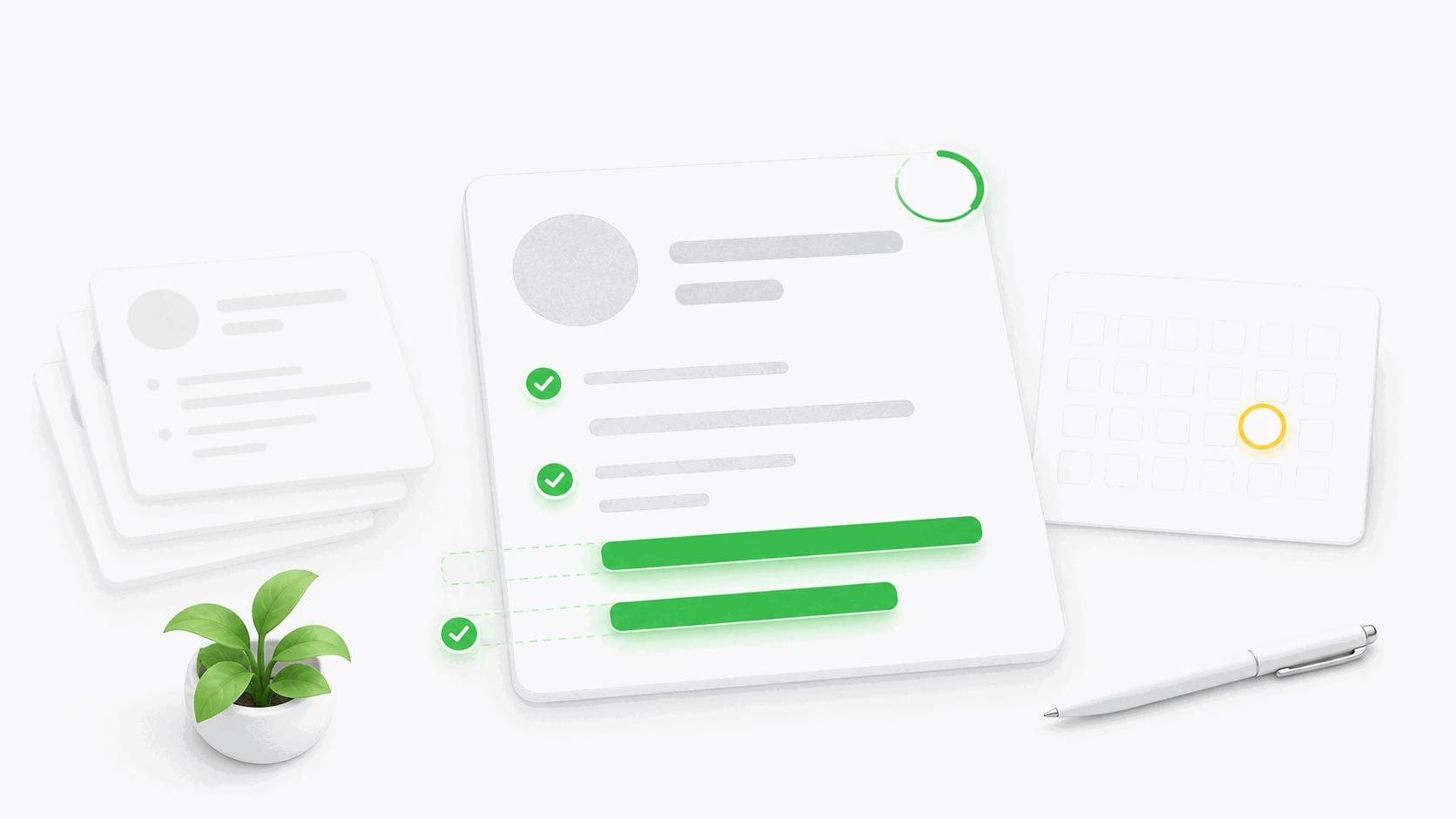 Illustration of a freelancer profile card being rebuilt with green highlighted sections and checkmarks, next to a blank calendar with one deadline cell circled in amber and a stack of faded old profile cards set aside