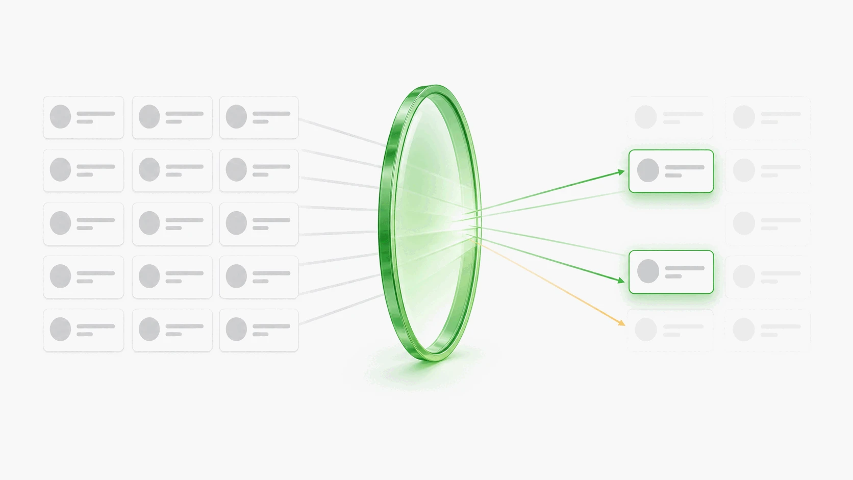 Illustration of a steady, uniform grid of job cards on the left passing light rays through a green glass lens that redirects them onto two highlighted freelancer profile cards on the right