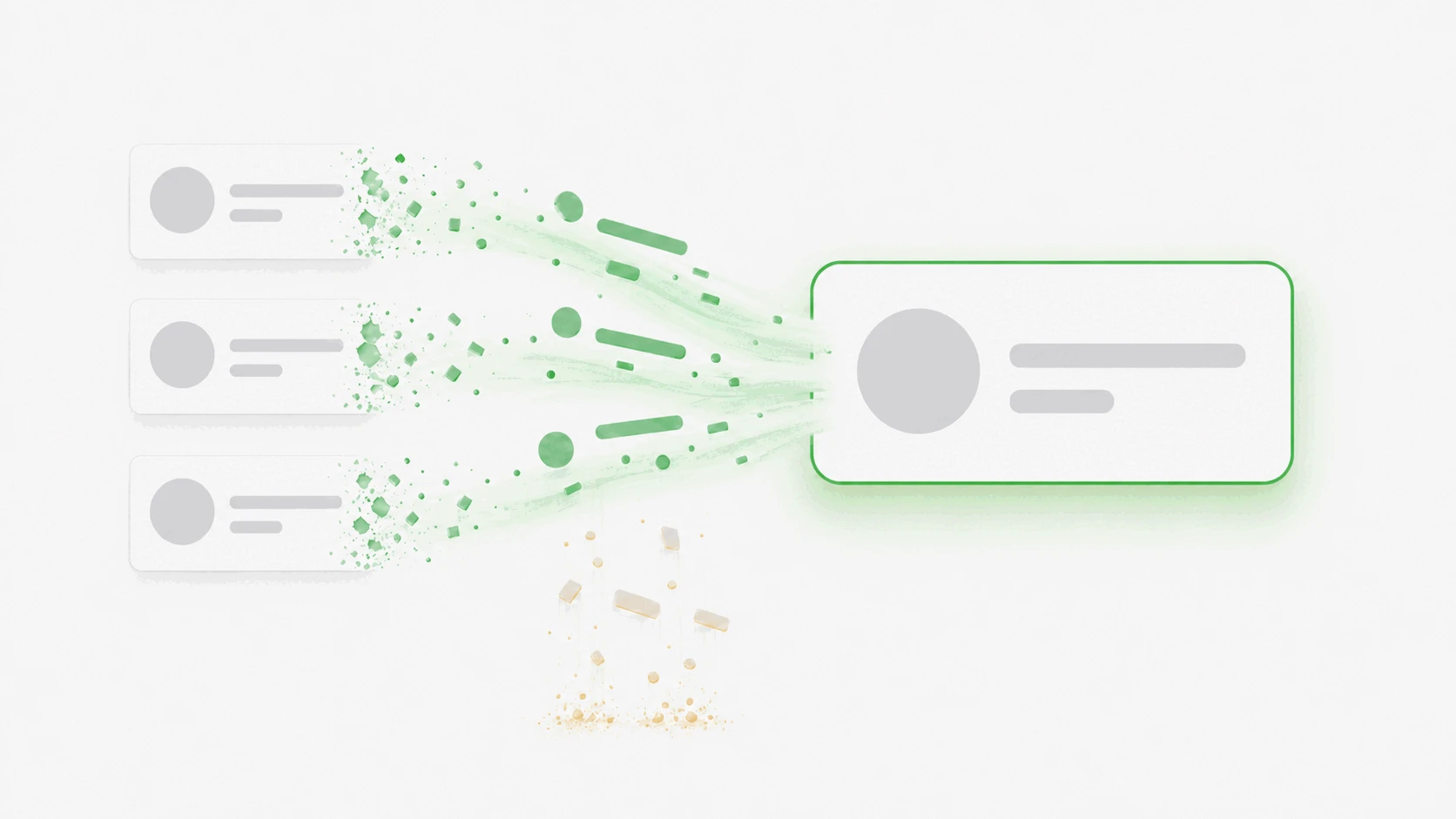 Illustration of three specialized profile cards dissolving into a green particle stream absorbed by one main profile card, while some fragments fall away and crumble into dust