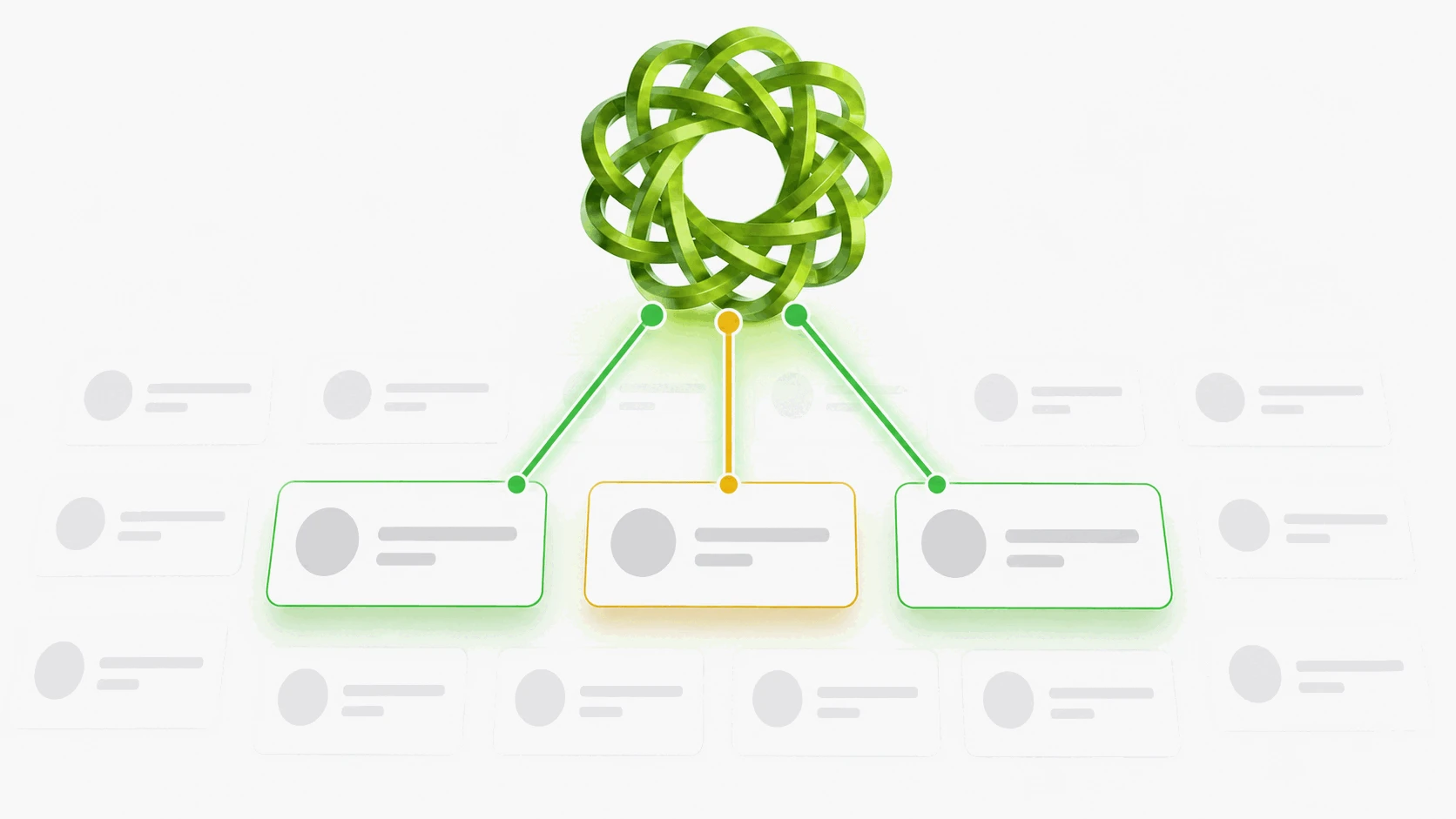 Illustration of Uma Recruiter as a green knot emblem hovering over a grid of muted freelancer profile cards, with three shortlisted cards highlighted and connected by green beams